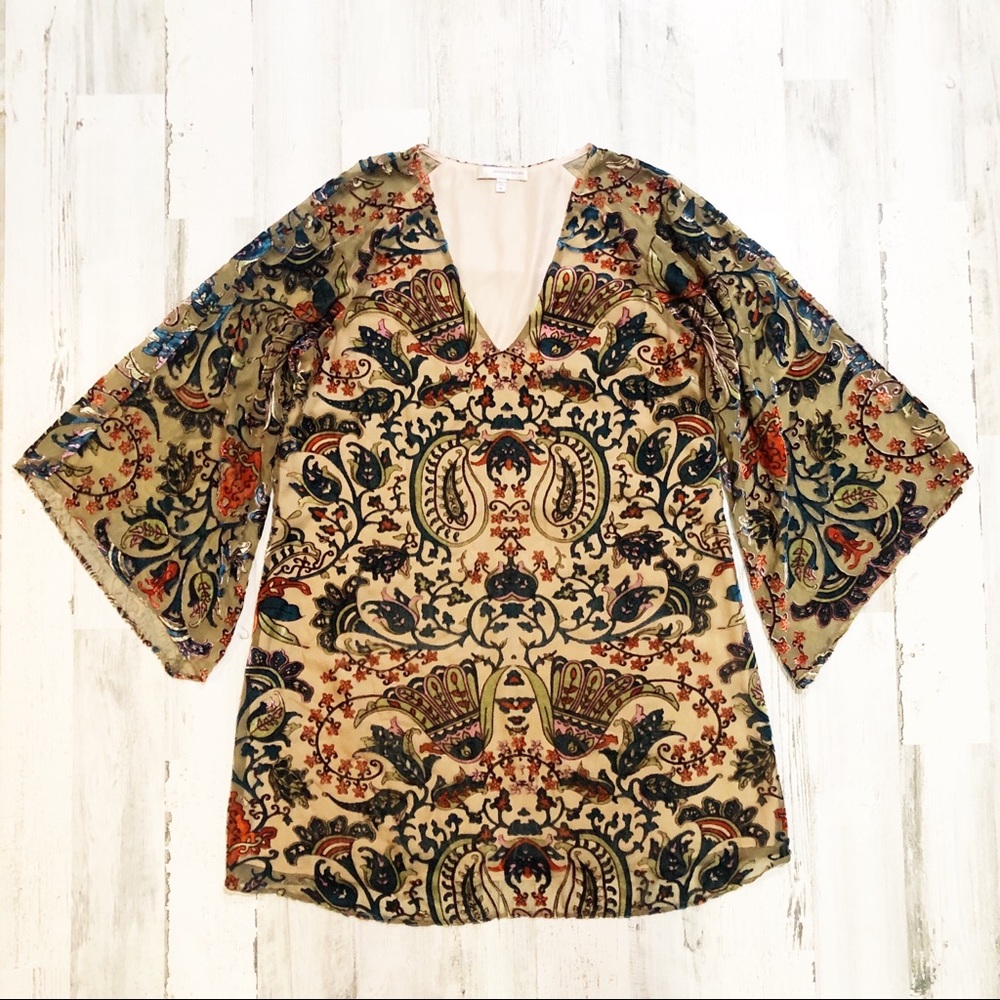 Lavender Brown Paisley Velvet Mini Dress in Beige, Navy & Rust